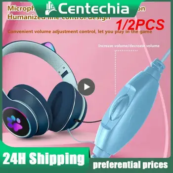 1/2 ADET Kedi Kulaklar oyun kulaklığı Kablolu mikrofonlu kulaklık Gürültü Önleyici, 7.1 Kanal Stereo / Telefon / PC Gamer için