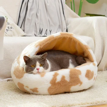 2 İn 1 Pet Köpek Kedi Yuvarlak Peluş Yatak Yarı kapalı Yuva Yastık Derin Uyku Konfor Kış Sıcak Küçük Mat Sepeti Yumuşak Kulübesi