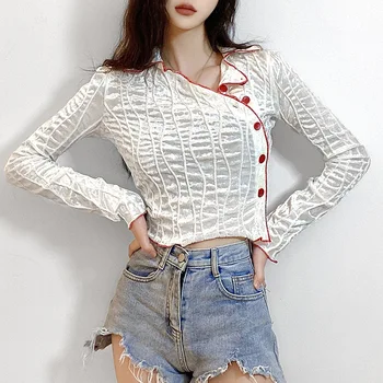 2021 Sonbahar kadın beyaz tişört Çin Tarzı Uzun Kollu Tek Göğüslü Tee Gömlek Kadınlar için Katı Mahsul Tops Yeni Kadın Giyim
