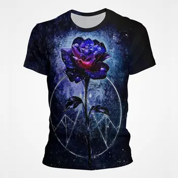 3D Baskı Aşk ve Güller T Shirt Erkekler İçin Yaz Kısa Kollu O Boyun Tee Gömlek Tam Baskı Mavi Güller erkek Streetwear T Shirt