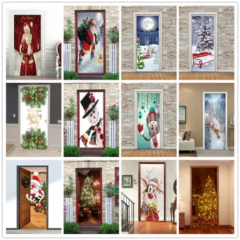 3D Noel Dekorasyon Duvar Kağıdı Kapı Kendinden yapışkanlı Poster Çıkarılabilir Kapılar Kapak Çıkartmaları Noel Ev Dekor Kağıt deursticker
