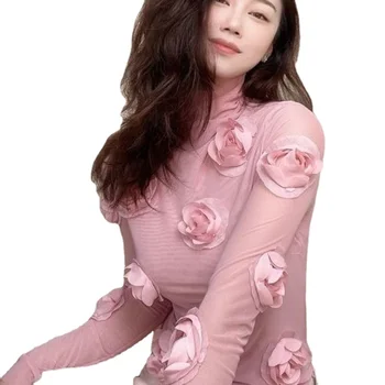 3D Çiçekler Nakış Yarım yüksek Yaka T-Shirt Örgü Eklenmiş Çiçek Tees Uzun kollu Fanila Sonbahar İnce Dip Gömlek Tops