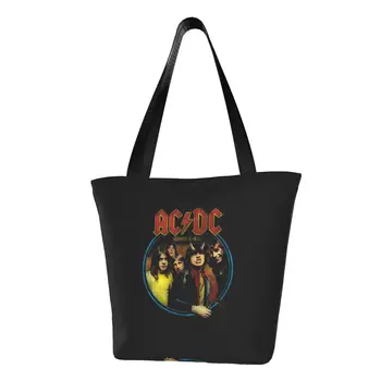 AC DC Rock And Roll Bakkal Tote alışveriş çantası Kadın Sevimli Avustralya Bant Yıldız Tuval Omuz Alışveriş Çantası Büyük Kapasiteli Çanta