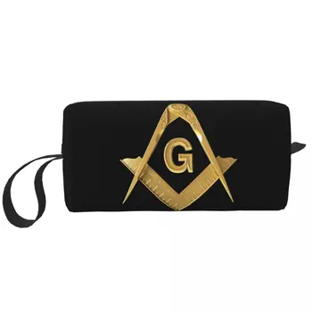 Altın Mason Logo Makyaj Çantası Kadın Seyahat kozmetik düzenleyici Kawaii Masonik Mason Depolama makyaj çantaları Dopp Kiti Kutusu Kasa