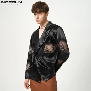 Amerikan Tarzı Yeni Erkek Dantel Splice Blazer Casual Streetwear Sıcak Satış Erkek Gevşek Rahat Takım Elbise Mont S-5XL INCERUN Tops 2023