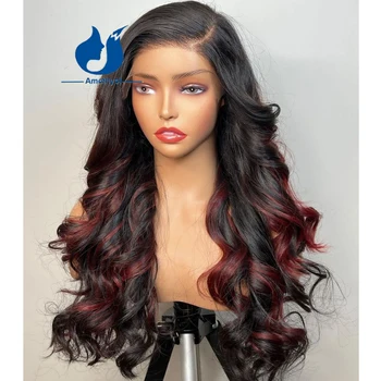 Ametist Vücut Dalga Vurgulamak 5. 5x4. 5PU İpek Taban Dantel Kapatma peruk insan saçı Kadınlar İçin Brezilyalı Remy Saç Ombre Kırmızı Renkli Peruk
