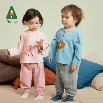 Amila Bebek İç Çamaşırı Seti 2023 Sonbahar Yeni Hayvan Mobilya Elemanı Baskı Erkek Kız Pamuk Çocuk Takım Elbise Gecelik Giyim