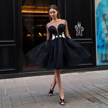 ANGELSBRIDEP Zarif A-Line Siyah Homecoming Elbise derin yuvarlak yaka Uzun Kollu Güzel Aplikler Çiçekler Genç Kokteyl Elbisesi