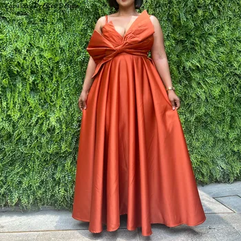 Artı Boyutu A-line Uzun gelinlik modelleri Büyük Yay Turuncu V Yaka Kadın Düğün Konuk Elbise Spagetti Sapanlar Balo Parti Kıyafeti