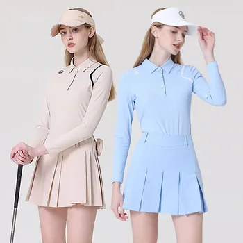 Azureway Sonbahar Bayan turn-aşağı Yaka Golf Polo Üstleri Tam Kollu Elastik Gömlek Kadın Pilili Golf Etekler Küçük Çanta