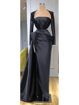 Basit Zarif Siyah balo kıyafetleri Uzun Kollu Yan Yarık Kat Uzunlukta Pleats gece elbisesi Özel Resmi Elbiseler De Soirée