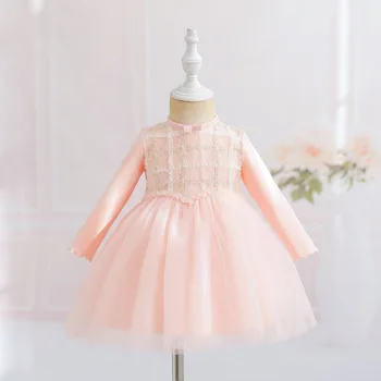 Bebek Kız Pembe Tül Prenses Elbise Çiçek Kız Zarif Uzun Kollu Doğum Günü Partisi Balo Çocuklar Düğün Akşam Resmi Kostüm