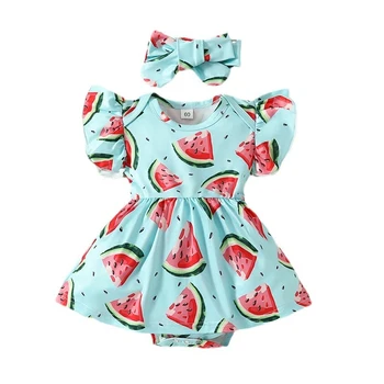 Bebek Kız yaz giysileri Yenidoğan Bebek Sevimli Karpuz Baskı Sinek Kollu Romper Elbise Kafa Bandı 2 Parça Kıyafetler
