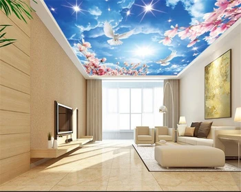 beibehang Yüksek kaliteli dekoratif boyama duvar kağıdı basit mavi gökyüzü beyaz bulutlar şeftali çiçeği zenith arka plan 3d duvar kağıdı