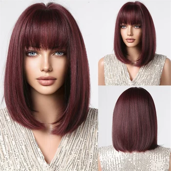 Düz Koyu Kahverengi Kırmızı sentetik peruk Kadınlar için Kısa Bob Cosplay kahküllü peruk Bobo Saç Saç Peruk İsıya Dayanıklı