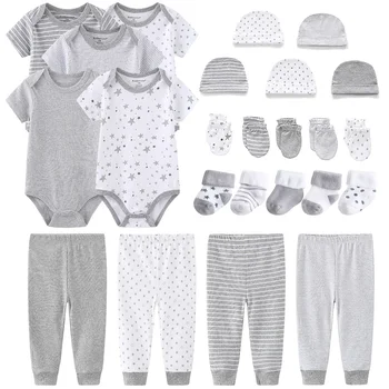 Düz Renk Unisex Bodysuits + Pantolon + Eldiven + Şapka + Çorap Bebek Kız Giysileri Setleri Yenidoğan Pamuk Erkek Bebek Giysileri Kısa Kollu Bebes