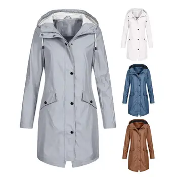 Düz Renk Yağmur Ceket Şık kadın Rüzgar Geçirmez Yağmur kapüşonlu ceket Uzun Kollu Çoklu Cepler Sonbahar Kış için