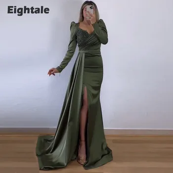 Eightale Zarif Ordu Yeşil Abiye giyim V Yaka Uzun Kollu Mermaid Saten Aplikler Boncuklu Balo Parti Törenlerinde abendkleid damen