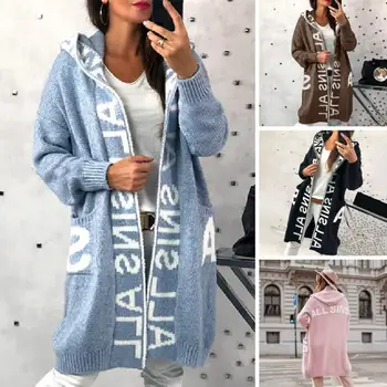 Elastik Örme Ceket Rahat Örme Kazak Ceket Hood Cepler Fermuar Kapatma Sıcak Şık kadın Kış Giyim Bayan