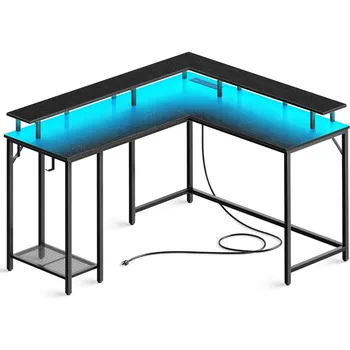 Elektrik Prizleri ve LED ışıklar, Monitör Standlı ve Depolama Raflı Bilgisayar Masası, Ev Ofis Masası Kancalı Köşe Masası, Siyah