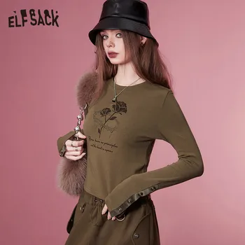 ELFSACK Gyaru Kore Moda İnce Uzun Kollu T-shirt Kadın 2023 Kış Yeni Lüks Üstleri