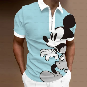 Erkek giyim Disney Mickey Mouse Mickey POLO GÖMLEK Casual Yaka Zip Up Günlük Karikatür Baskı Kısa Kollu erkek POLO GÖMLEK