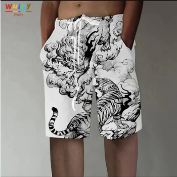 Erkek Kaplan Grafik Rahat Şort 3D Desen Hayvan Aslan Boardshorts Erkek / Kadın Hip Hop Drawst Plaj Baskı Kısa Pantolon Beyaz