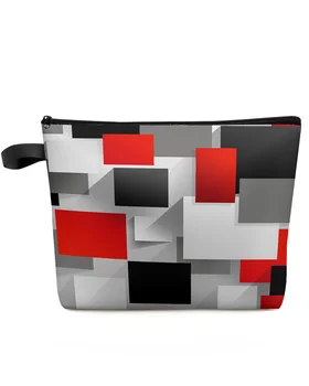 Geometrik Kırmızı Siyah Gri Katı Soyut Makyaj Çantası Kılıfı Seyahat Essentials Kadınlar Kozmetik Çantaları Organizatör Depolama Kalem Kutusu