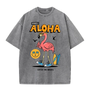 Hawaii Aloha Yakalamak Dalgalar T-Shirt Erkekler Moda Gevşek Üstleri Pamuk Yaz Tshirt Hip Hop Boy Yıkanmış Harajuku Tee Elbise