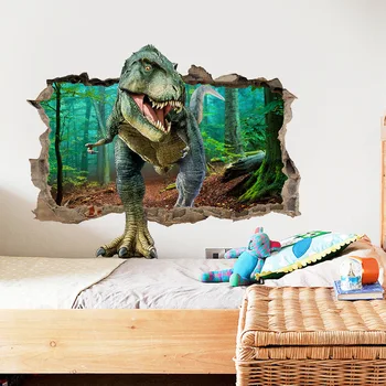 Hayvan Dünya Jurassic Dinozor Karikatür Duvar Sticker 3D Kırık Duvar Kağıdı vinil yapışkan Çocuk yatak odası dekoru sanat posterleri Duvar