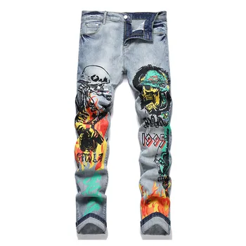 Hip Hop Vintage Baskılı Yırtık Kot Pantolon Yıkanmış Harakuju Kafatası Desen Denim Pantolon Erkek Slim Fit