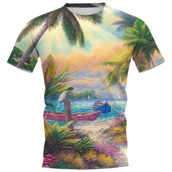 HX Moda Erkek T-shirt Hawaii Polinezyası Tropikal Bitki Ada Hindistan Cevizi Ağacı Baskılı Tees Kısa Kollu Üstleri Erkek Giyim
