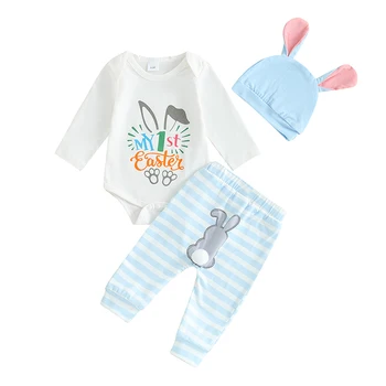 Ilk Paskalya Kıyafet Bebek Bebek Kız Paskalya Pantolon Setleri Uzun Kollu Mektup Tavşan Baskı Romper Üst Pantolon şapka seti