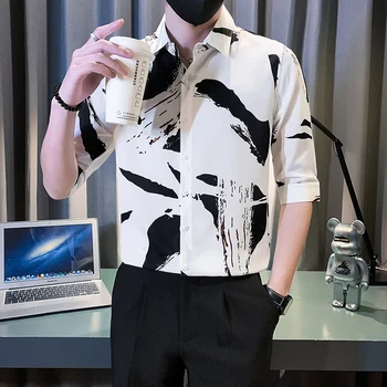 Ingiliz Tarzı Gömlek Erkekler için Moda Erkek Giyim Baskı Yaz Yarım Kollu Erkek Casual Gömlek Slim Fit Camisas Para Hombre