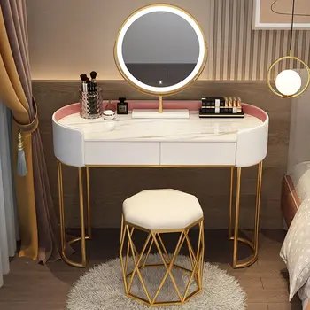 Iskandinav tarzı Modern Minimalist yatak odası mobilyası Dresser LED ayna ışık lüks boya kaymaz makyaj masaları çekmeceli