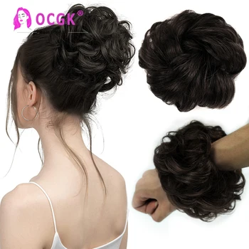 İnsan saçı postiş Dağınık Kıvırcık Elastik Scrunchies Saç Parçaları 100 % Gerçek Saç Chignon Donut Updo saç parçaları Kadınlar İçin
