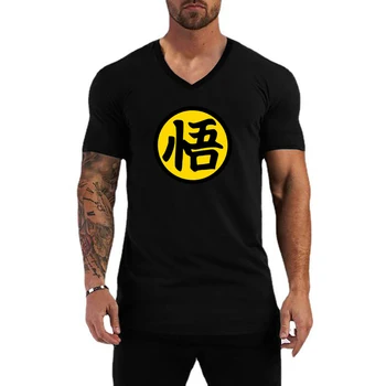 Japon animesi Logo Wu Yazı Komik Baskılı Erkek Pamuk Tees Slim Fit V Yaka kısa Kollu T-Shirt Yaz Rahat spor T Shirt