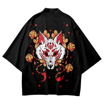 Japon Tilki Streetwear Yaz giyim Anime Baskı Geleneksel Kimono Erkekler Kadınlar Yukata Hırka Siyah Cosplay Haori Artı Boyutu
