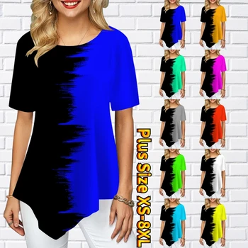 Kadın Kontrast Renk Sivri Etek Salıncak Kısa Kollu Kadın T-Shirt Basit İki renkli Baskılı Yuvarlak Boyun Yaz XS-8XL