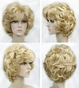Kadın peruk Bayanlar peruk kısa altın bukleler klasik sentetik saç peruk