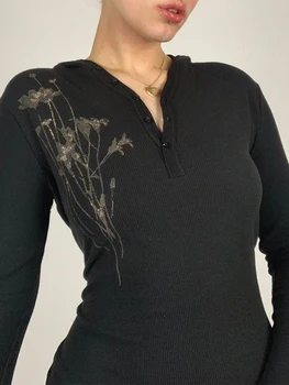 Kadın Örgü Üstleri Uzun Kollu Kapşonlu T-shirt Düğme Kapatma Çiçek Sonbahar Casual Streetwear