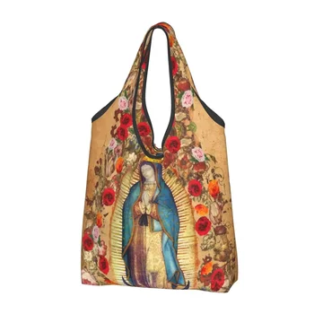 Kawaii Baskı Our Lady Guadalupe Meryem Tote Alışveriş Çantaları Taşınabilir Alışveriş Omuz Katolik Meksika Posteri Çanta
