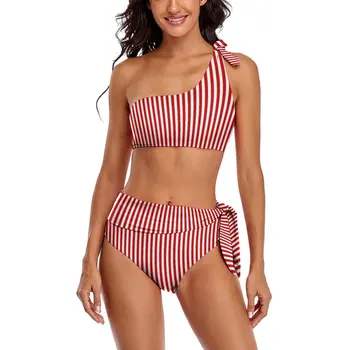 Klasik Çizgili Bikini Mayo Seksi Kırmızı ve Beyaz Çizgiler Bir Omuz bikini seti Kadınlar Basit Mayo Mayo Plaj Kıyafeti