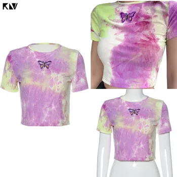 KLV Kadın Kızlar Kısa Kollu Yuvarlak Boyun Kelebek Nakış Moda Kravat boya Baskılı ince tişört Kırpma Üst Yaz Parti Clubwear