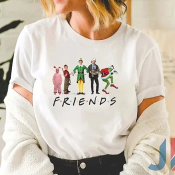 Komik Merry Christmas T-Shirt Arkadaşlar Mektup Baskı Kadın Üst Vintage 80s Gömlek Grafik Tee Elf Kevin Clark Griswold Gömlek