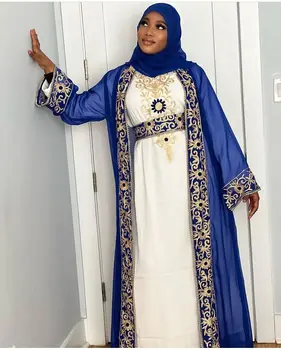Kraliyet Mavi Kaftanlar Farasha Abaya Elbise Dubai Fas Çok Fantezi uzun elbise Avrupa ve Amerikan Moda Trendi