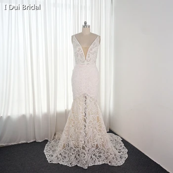 Kılıf V Boyun Paisley Dantel düğün elbisesi Düşük Geri Tasarım Uzun Tren gelin kıyafeti 2023 Yeni Stil Custom Made