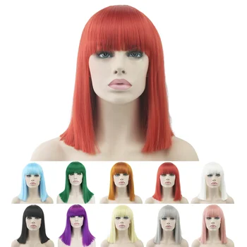 Kısa Kırmızı Sentetik Kesim Saç Cosplay Peruk Düz Patlama ile Cadılar Bayramı Kostüm Partisi Bob Peruk Kızlar için