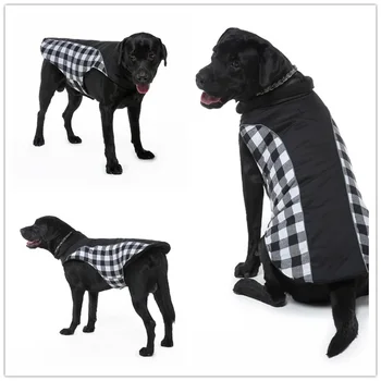 Kış Yansıtıcı Köpek Giysileri Pet Trençkot Ceket Kafes Baskı Şerit Kalın Sıcak Astar Villi Büyük Cins Labrador Yürüyüş Ceket