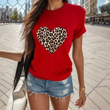 Leopar Aşk Baskı Sevgililer T-Shirt Kadın Kısa Kollu Yuvarlak Boyun Gevşek T Shirt Yaz Y2k Vintage Streetwear dişi t parça Gömlek